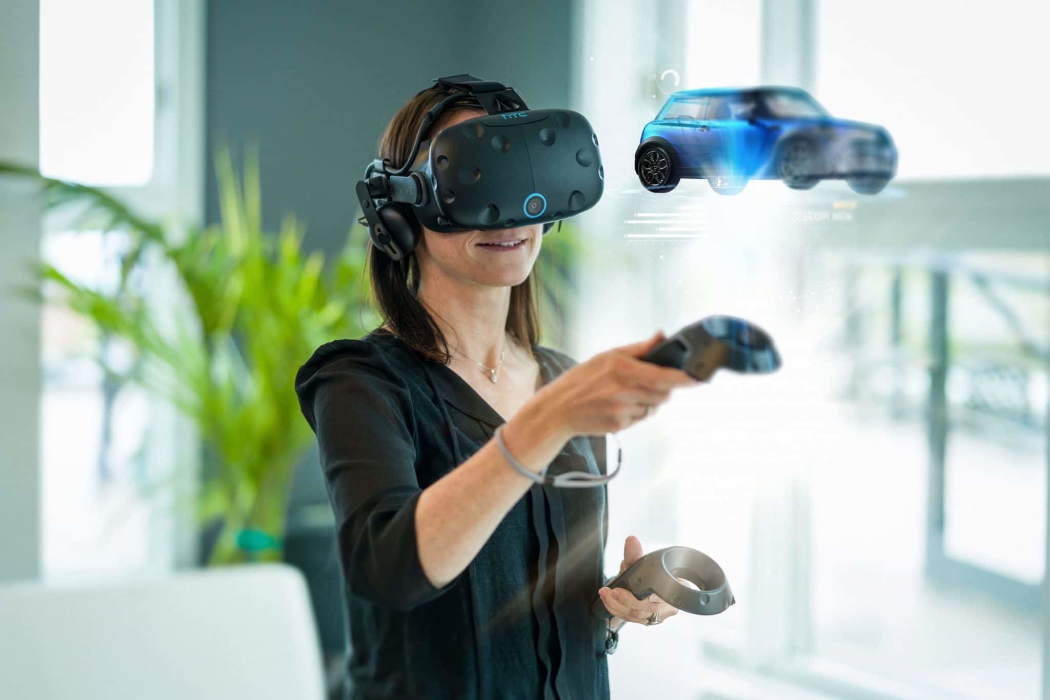 A business woman wearing a virtual reality headset, interacts wi