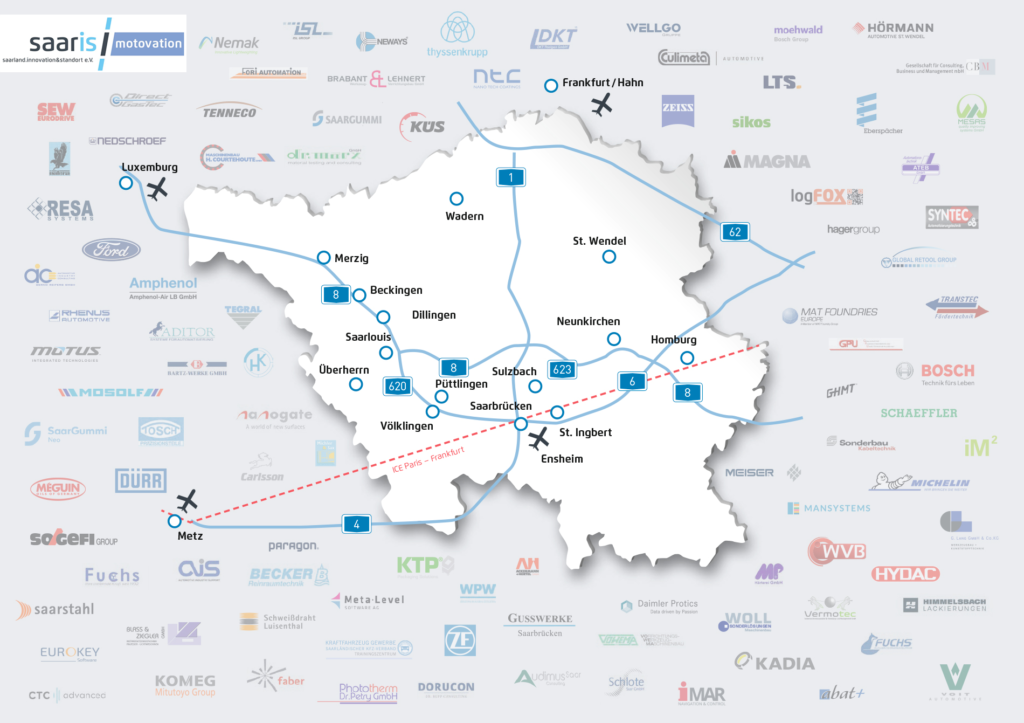 Saarland-Karte mit den wichtigsten Unternehmen aus der Automotive-Branche.